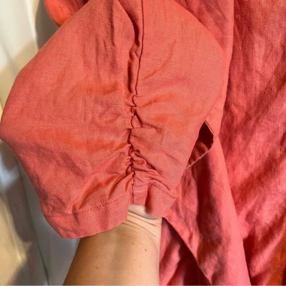 Chicos 100% Linen Ruched‎ Coral Pink Open Cardigan Size Large Casual Lightweight